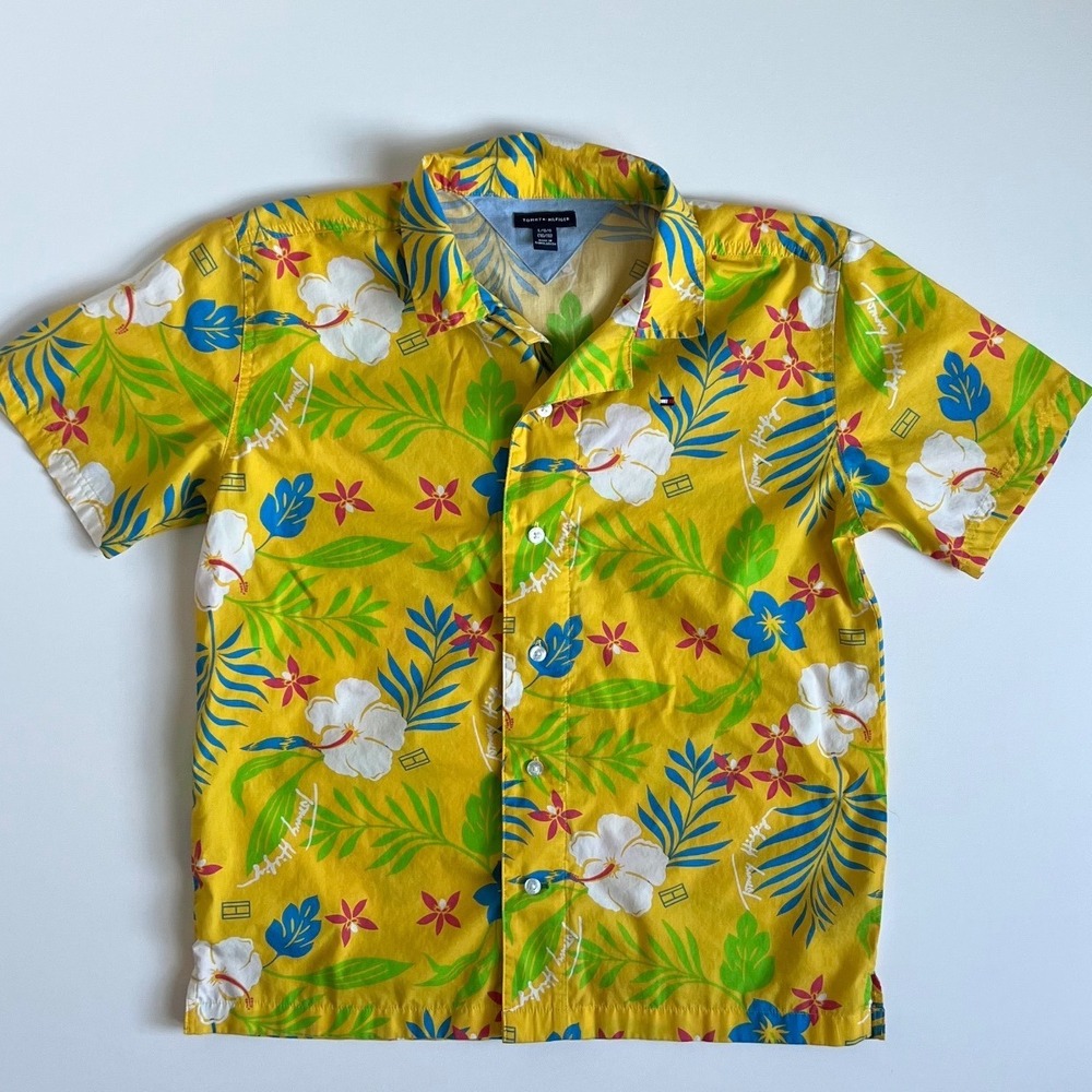 Tommy Hilfiger Kids Yellow Tropical Floral Hibiscus Button Down Shirt L 16/18
